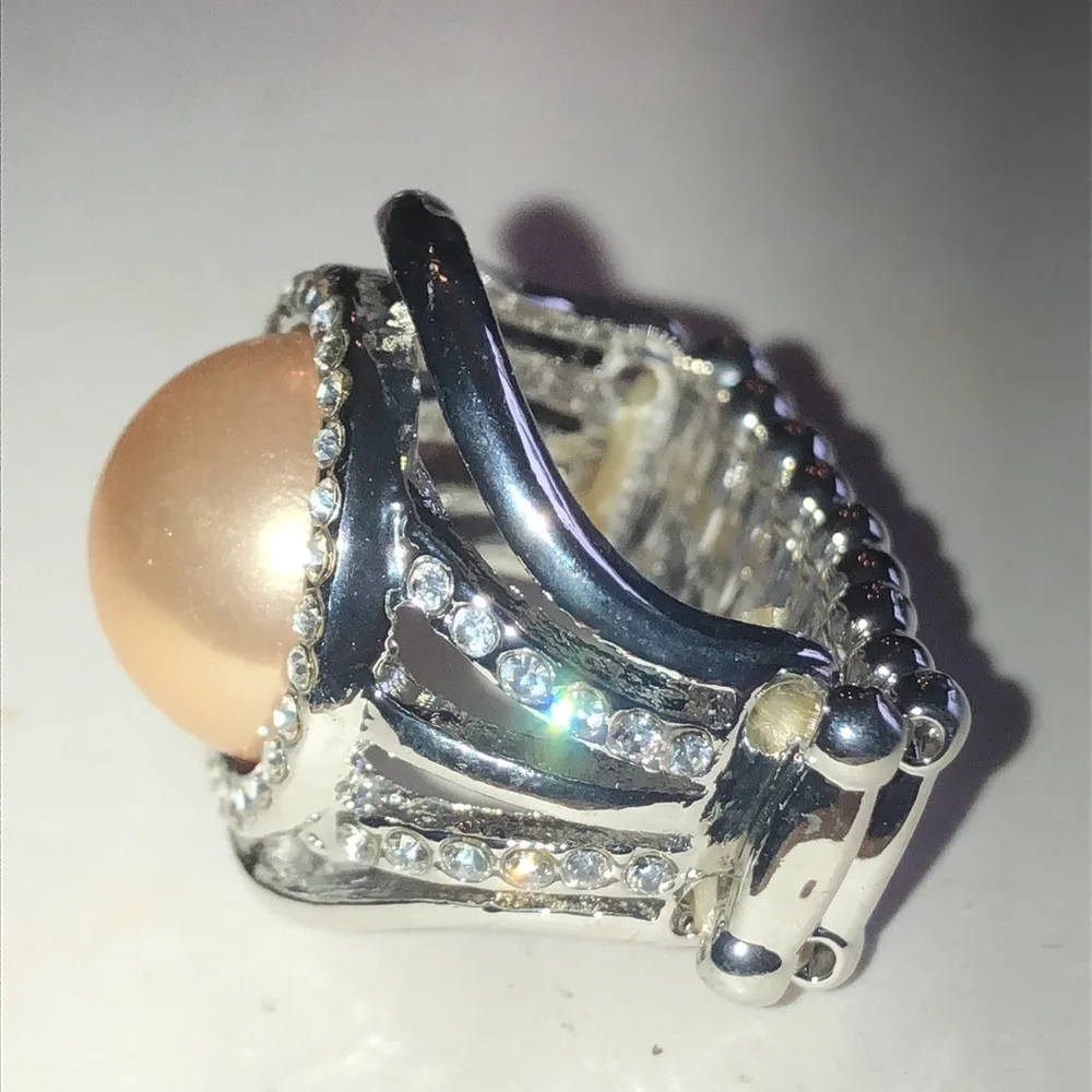 Peach Faux Pearl Rhinestone Halo Silver Tone Ring